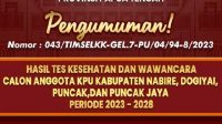 Pengumuman Hasil Seleksi Calon Anggota KPU Kabupaten Provinsi Papua Tengah