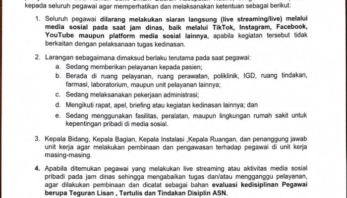 RSUD Nabire Larang Pegawai Siaran Langsung dan Media Sosial Pribadi Saat Jam Dinas